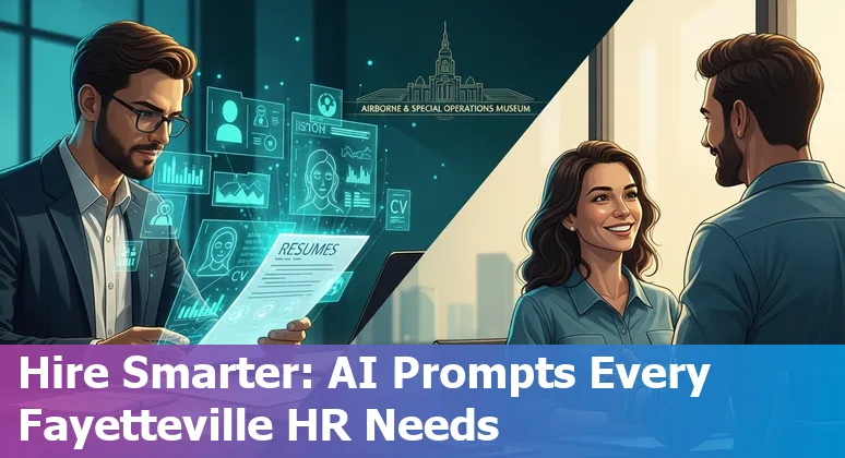 Fayetteville HR professional using AI prompts on a laptop with FTCC campus in the background