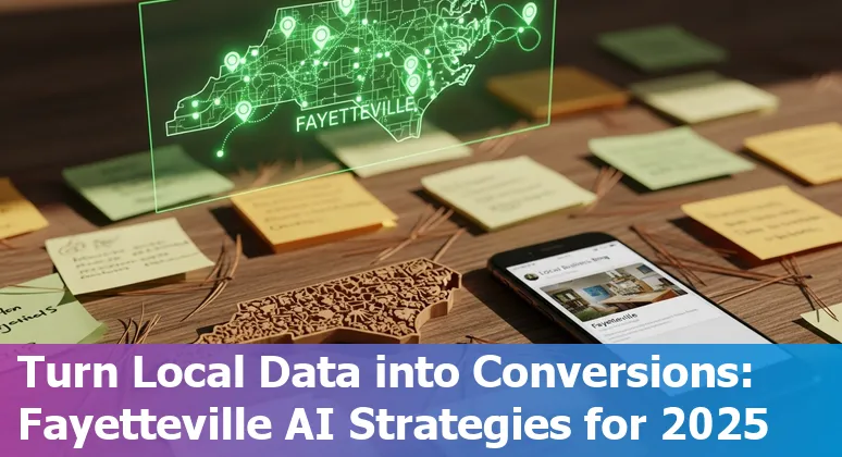 Marketer using AI tools on a laptop with Fayetteville, North Carolina skyline visible in the background