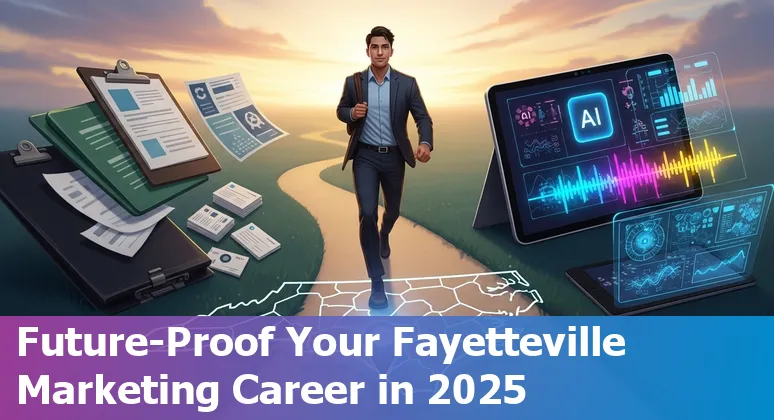 Fayetteville, North Carolina marketer using AI tools on laptop with local skyline in background