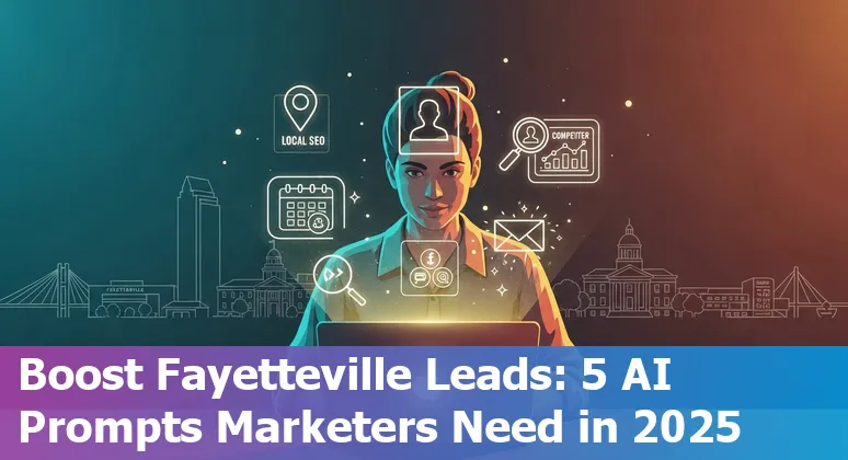 Marketer using AI prompts on a laptop with Fayetteville skyline and local landmarks in the background