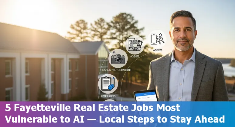 Fayetteville skyline with icons for AI automation and real estate jobs (leasing, bookkeeping, transaction coordination)