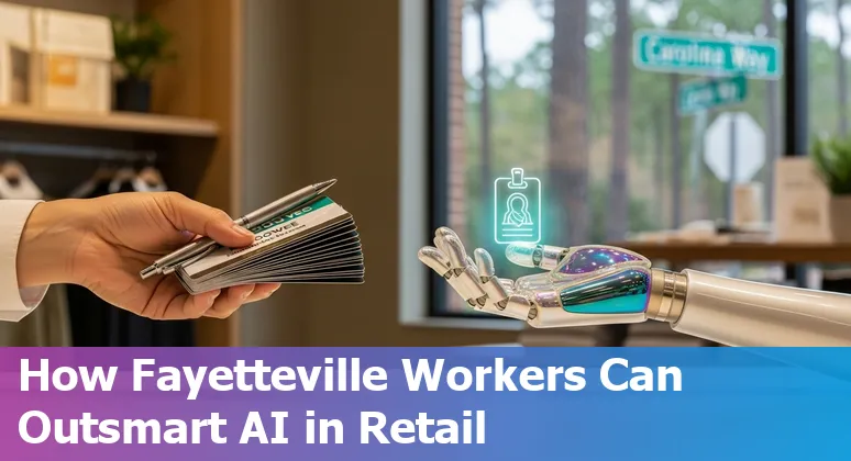 Retail worker using tablet in Fayetteville store with icons for AI automation and upskilling paths