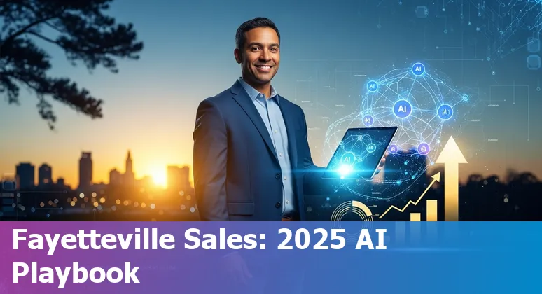 Sales professional using AI tools on a laptop in Fayetteville, North Carolina, US skyline background