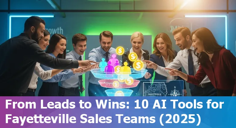 Sales professional using AI tools on a laptop with Fayetteville skyline in background