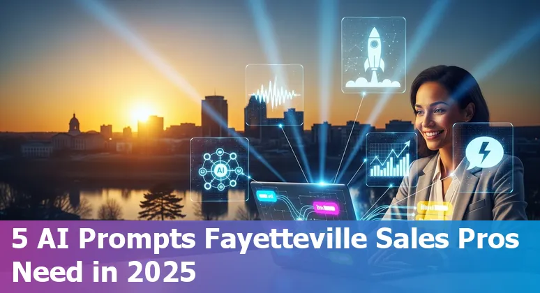Sales professional using AI prompts on laptop with Fayetteville skyline in background