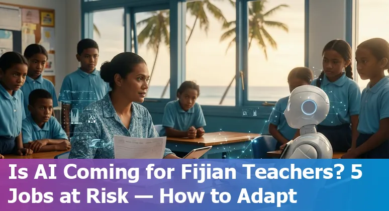 Fijian teacher using laptop with students and an island map in the classroom
