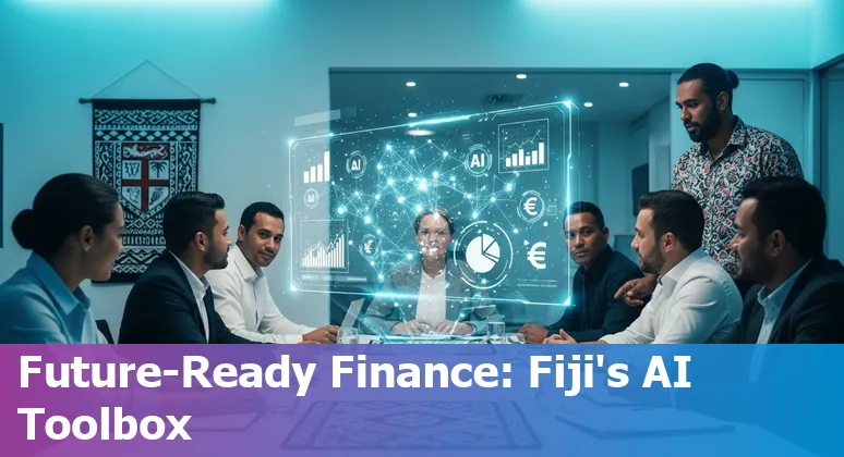 Collage of AI tool logos over a map of Fiji with finance icons like charts, invoices and a bank building
