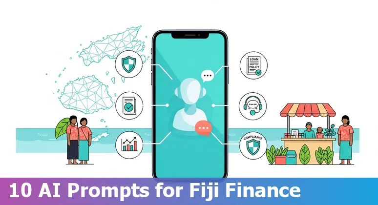 Illustration of AI use cases in Fiji financial services: chatbots, fraud detection, credit scoring, FX, and cybersecurity.