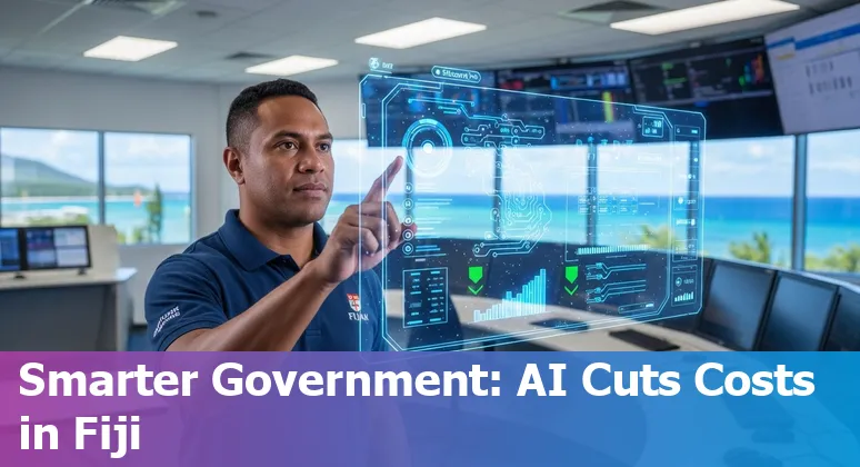 Government employees reviewing AI analytics dashboard in Suva, Fiji — how AI helps government companies in Fiji cut costs and improve efficiency.
