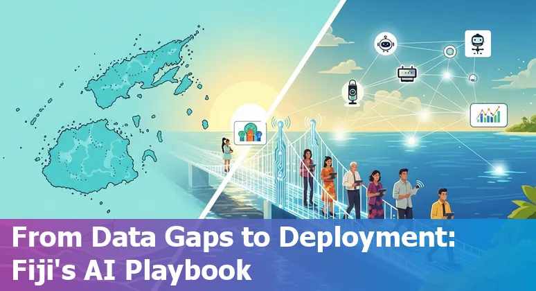 Graphic showing AI integration with government services in Fiji, featuring digital map and service icons for Fiji