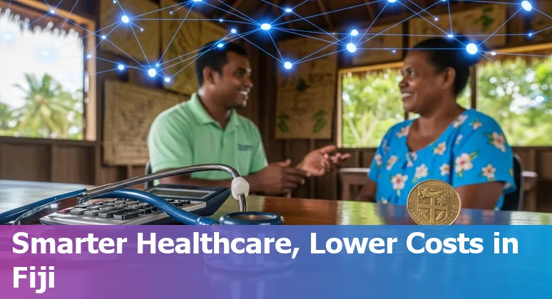 Illustration of AI streamlining healthcare services in Fiji: telemedicine, chatbots, inventory and CarePods