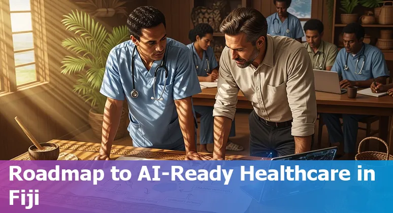 Graphic showing AI in healthcare in Fiji: telemedicine, X‑ray analysis and Suva hospital staff
