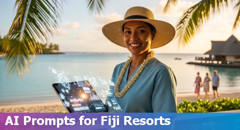 Fijian resort guest using AI-powered concierge app with ocean and palm trees in background