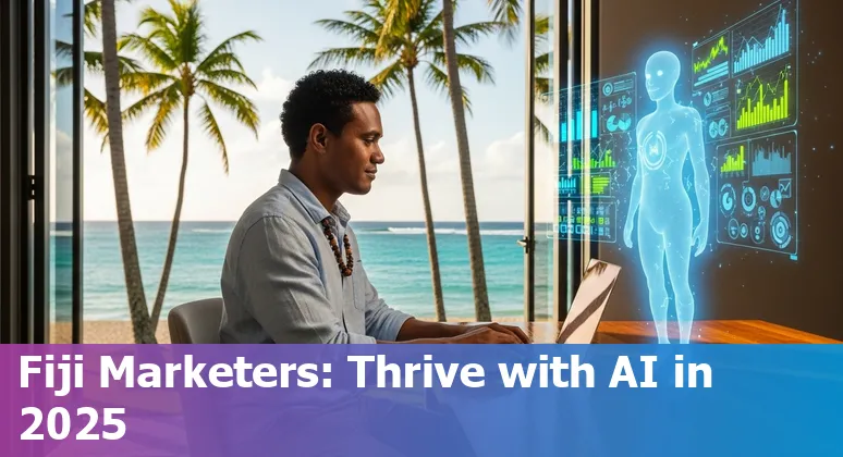 Fijian marketers using AI tools with Koro Project construction site in Fiji visible in background