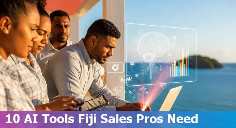 Sales professional using AI sales tools dashboard with a Fiji map overlay