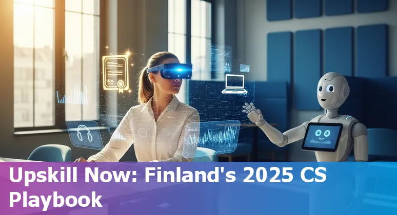 Customer service agent using AI chatbot on laptop in Finland, 2025