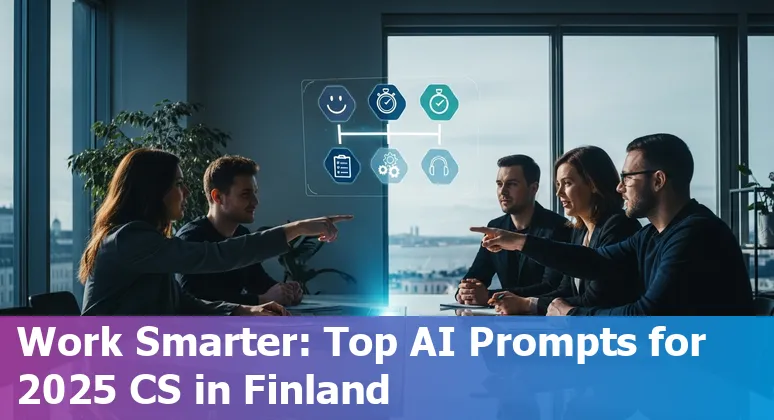 Customer service agent using AI prompts on a laptop with Finnish flag icon on screen