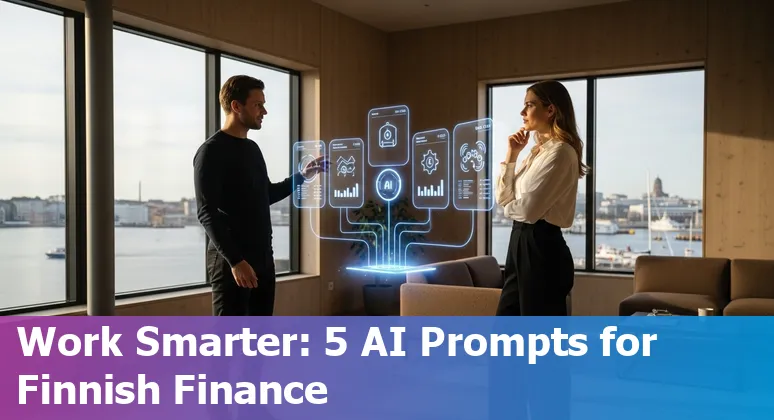 Finnish finance professional reviewing an AI dashboard showing cash positions, forecast slides, AR aging and expense savings suggestions.