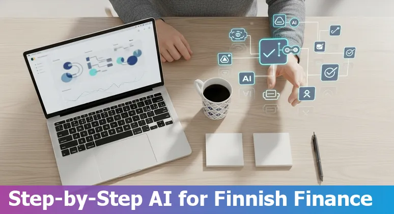 Illustration of AI in Finland's financial services sector in 2025 showing banks, insurers and compliance icons in Finland