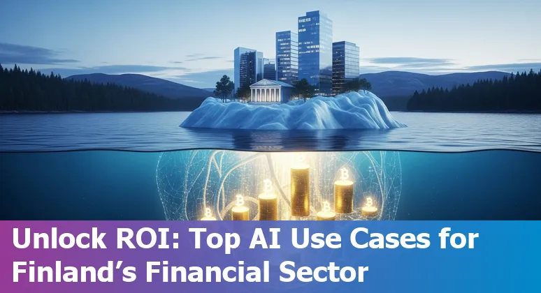 Illustration of AI use cases in Finnish banking: invoices, fraud detection, cash forecasting and chatbots with Finnish flag accent.
