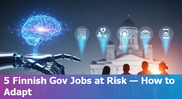 Finnish public-sector workers (Tax Administration, Kela, OmaOlo) alongside AI icons representing automation and upskilling.