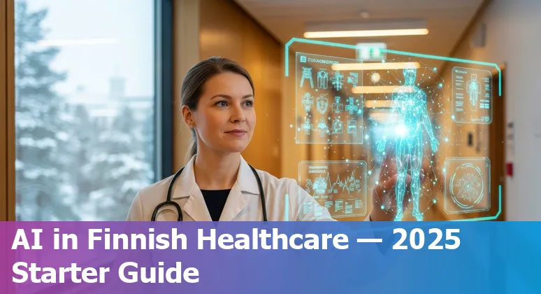 Illustration of AI in Finland healthcare 2025 showing clinicians, data and legal frameworks in Finland