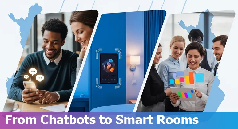 Hotel lobby with AI dashboard overlay representing AI in the hospitality industry in Finland in 2025