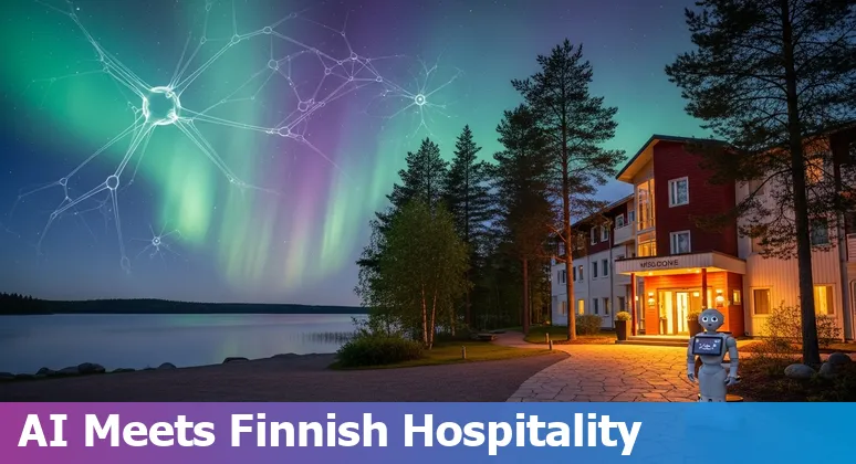 Hotel front desk tablet displaying AI prompts and a map of Finland on screen