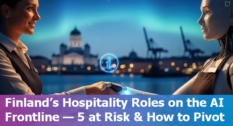 Hotel front desk in Finland with a self‑service kiosk and receptionist discussing AI-driven check‑in processes.