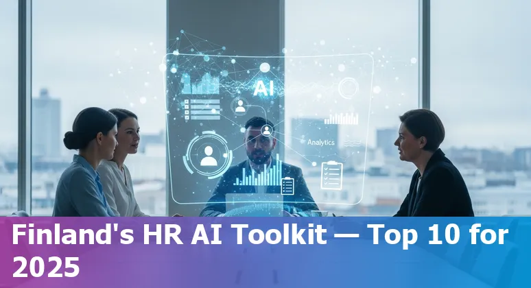 Finnish HR team reviewing top AI tools on a laptop with Finland flag