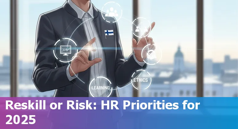 Finnish HR team reviewing AI strategy with Helsinki skyline — HR in Finland considering AI tools