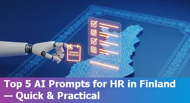 Finnish HR professional using AI prompts on laptop with Finnish flag and benefits icons