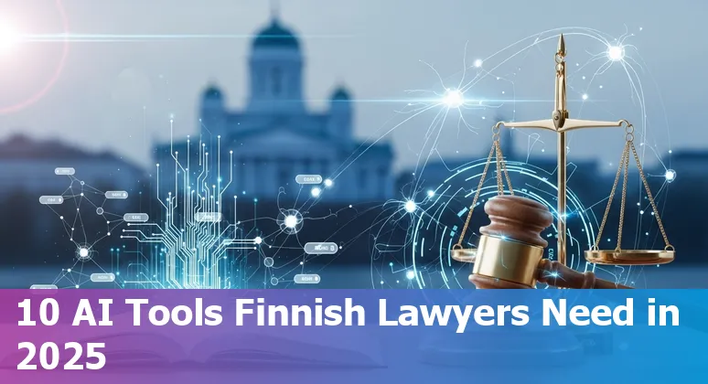 Collage of AI icons and Finnish legal symbols (gavel, Helsinki skyline) representing top AI tools for Finnish lawyers in 2025