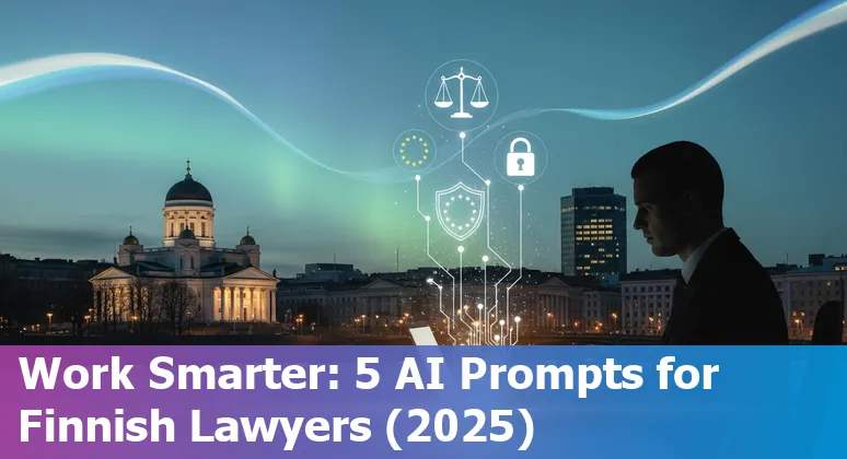 Finnish lawyer using AI prompts on a laptop with Helsinki skyline and scales of justice in the background