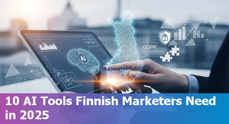 Finnish marketer using AI tools like Smartly.io, Liana Technologies and Synthesia on laptop with Finland map.