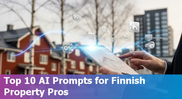 Finnish real estate AI use cases: AVM, valuation charts, city skyline and AI chatbot on a laptop