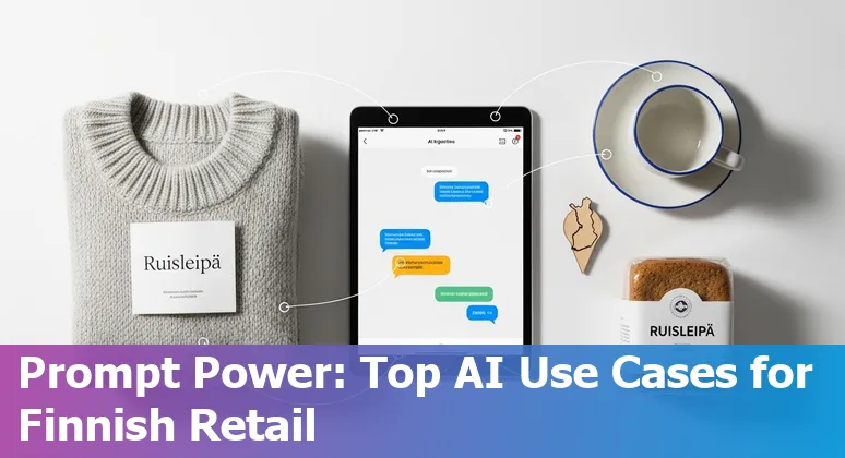 Illustration of AI use cases for Finnish retail: personalization, forecasting, chatbots, pricing and fulfillment.