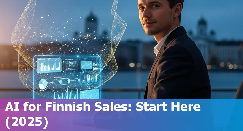Sales professional using AI tools in an office with Finland landmarks in the background