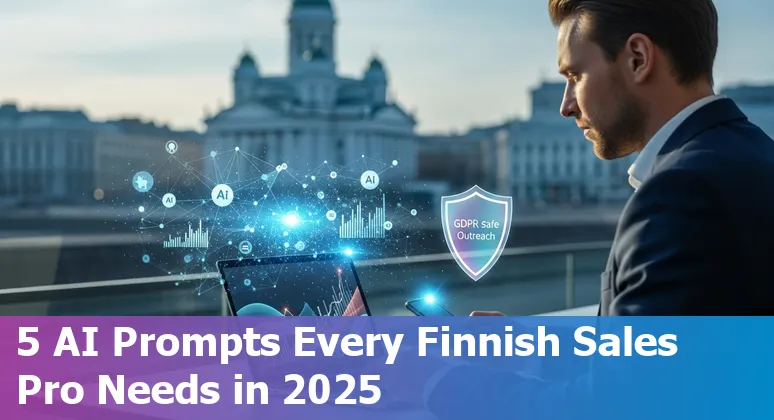 Sales professional using AI prompts on a laptop with a Finnish flag and CRM dashboard displayed.