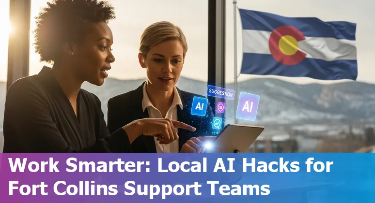 Customer service rep using AI prompts on a laptop with Fort Collins landmarks in the background