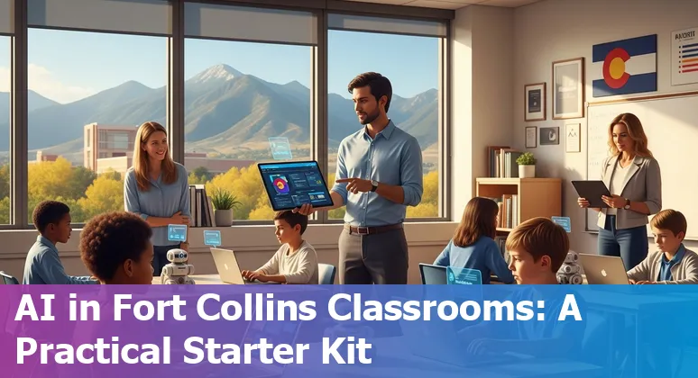 Educators discussing AI integration in a Fort Collins, Colorado classroom with digital tools, 2025