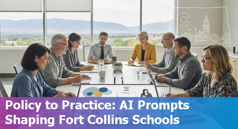Teacher using AI tools on laptop with students in a Fort Collins classroom, infographic icons for lesson plans, assessments, and accessibility.