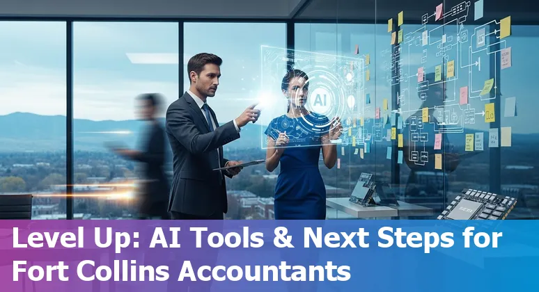Finance professional using AI tools in an office with Fort Collins, Colorado skyline visible in the background