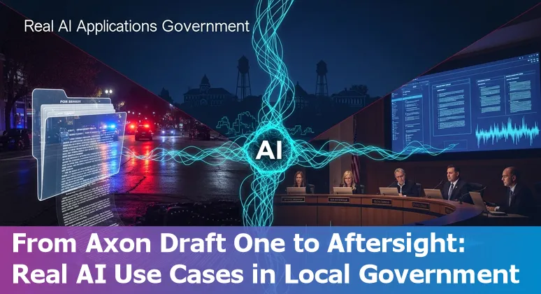 City hall with police body camera and accessible audio service icons representing AI use cases in Fort Collins government.