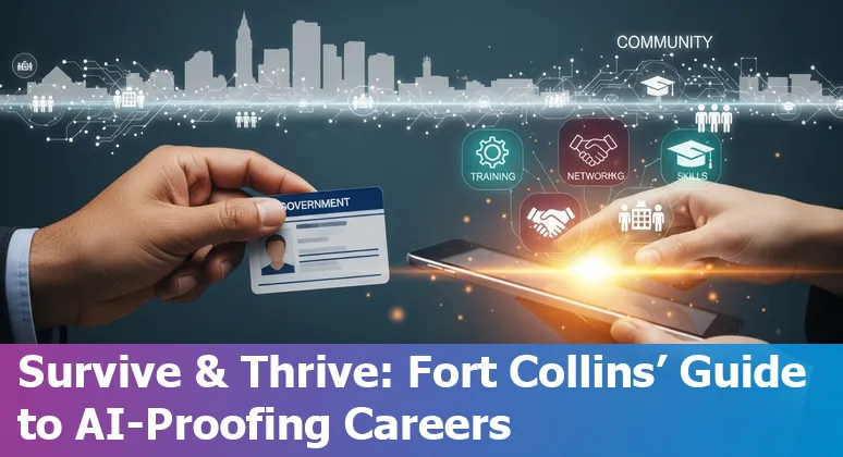 Fort Collins city hall with overlay icons showing AI, workforce retraining, and ClearPoint strategy