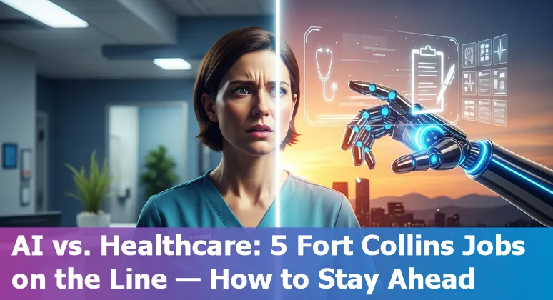 Healthcare worker at clinic desk using computer with AI overlays; Fort Collins skyline in background