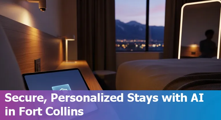 Hotel lobby AI concierge and Fort Collins, Colorado skyline showing Old Town and CSU, illustrating AI in Fort Collins hospitality