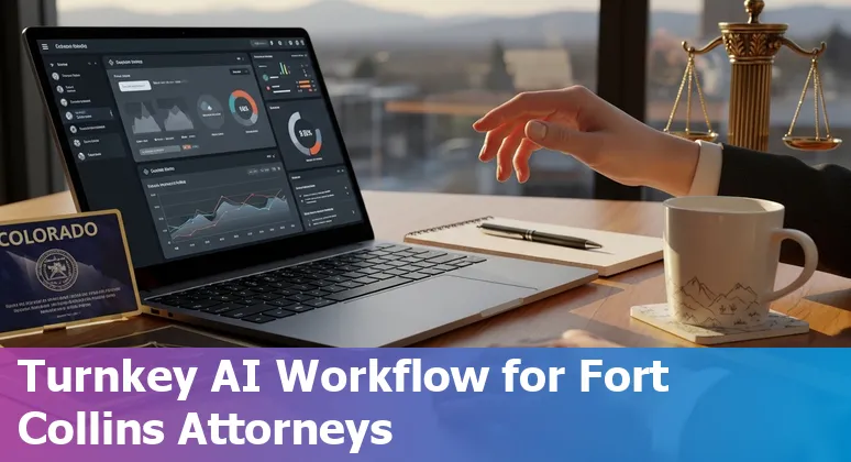 Fort Collins, Colorado lawyer using AI tools on a laptop with Old Town Fort Collins skyline in the background