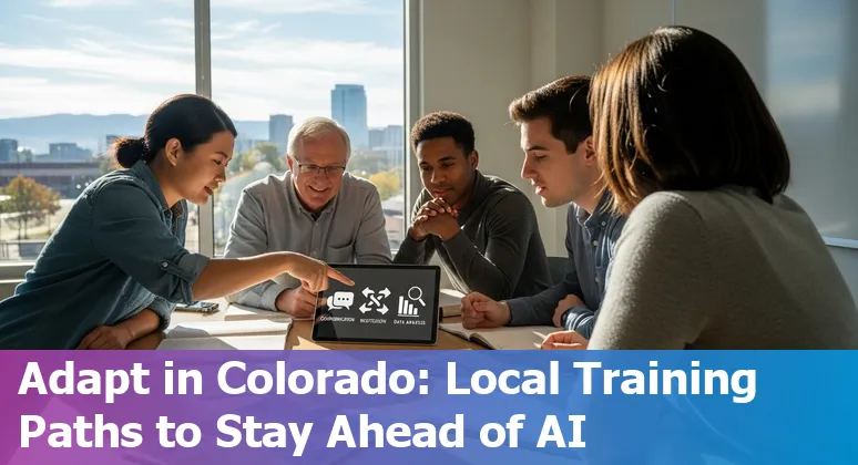 Fort Collins real estate agent working with laptop and virtual AI icons overlaid, showing local skyline.