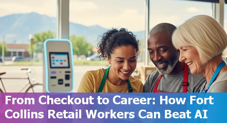 Retail worker using tablet while automated checkout and robots operate in a Fort Collins store
